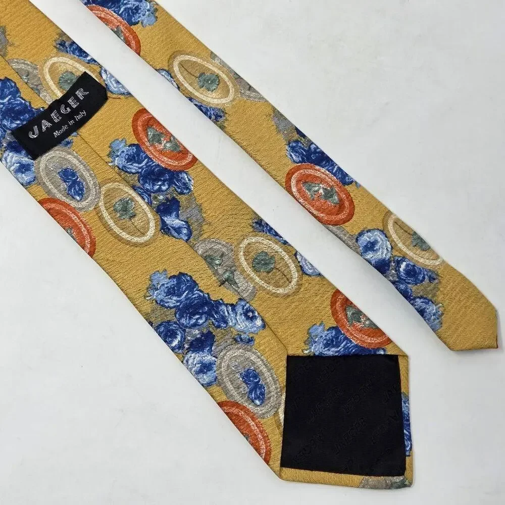 JAEGER MADE IN ITALY SILK TIE YELLOW BLUE FLORAL STILL LIFE JACQUARD 3.75